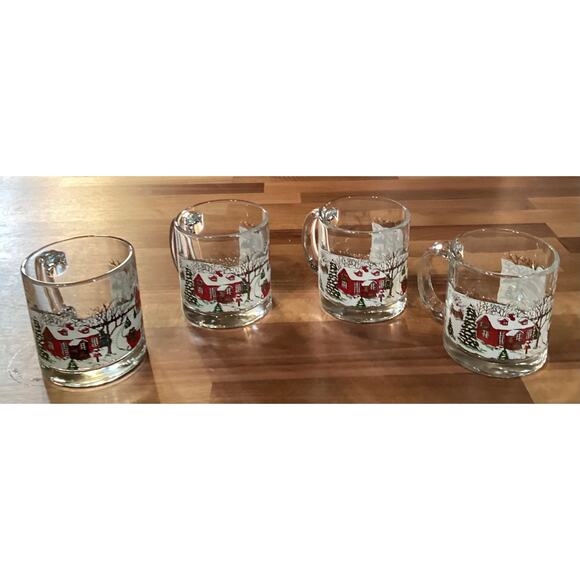 Vintage Set Of 4 Libbey Currier & Ives Christmas Glass Mugs Winter Snow Scene - Picture 6 of 11